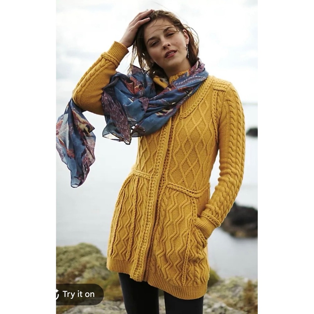Sparrow Anthropologie Mustard Yellow Cable Knit Lambswool Cardigan Coat Large